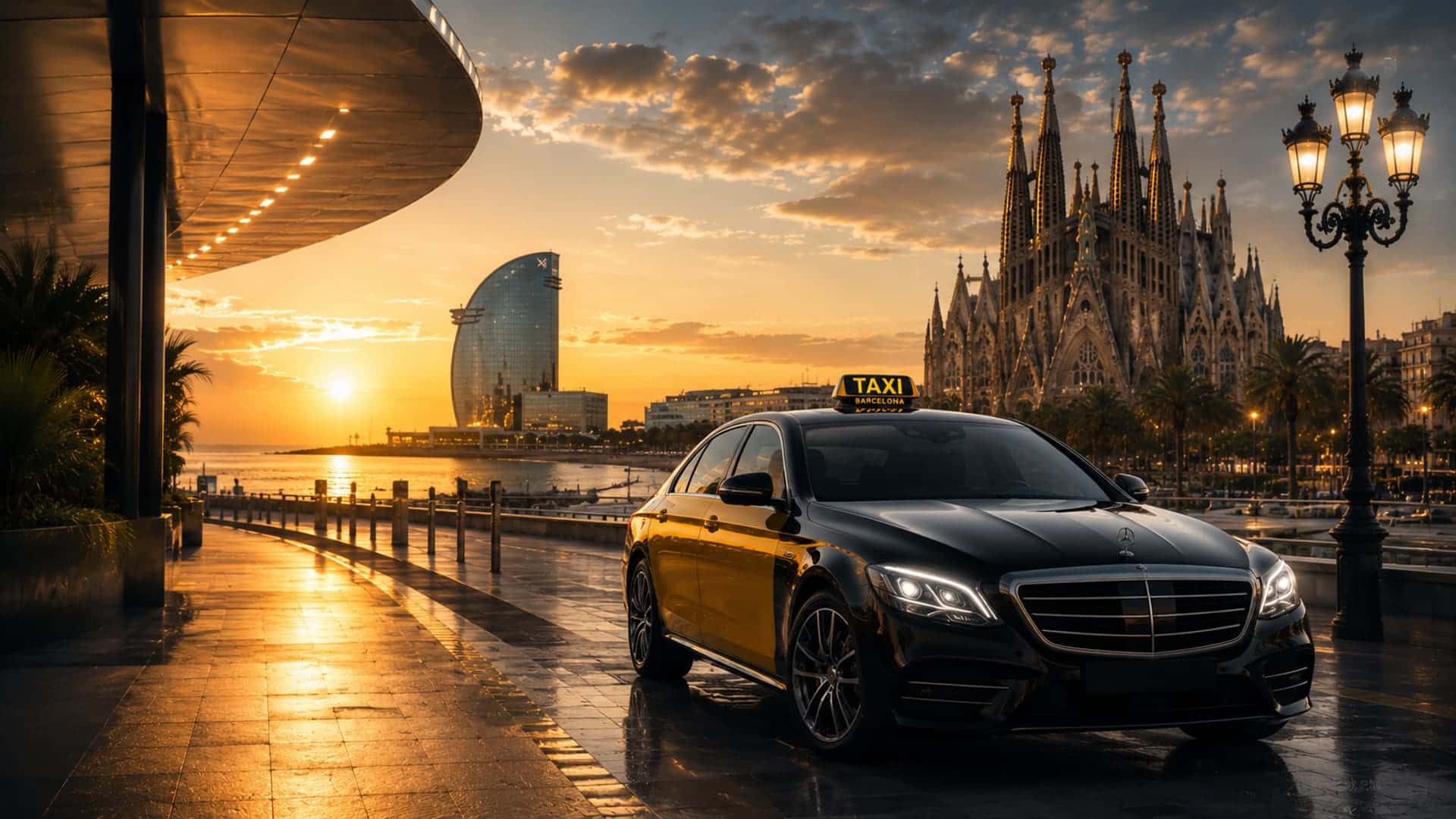 Black and yellow Mercedes Barcelona taxi on the waterfront at sunset, with the Sagrada Família and the W Hotel behind