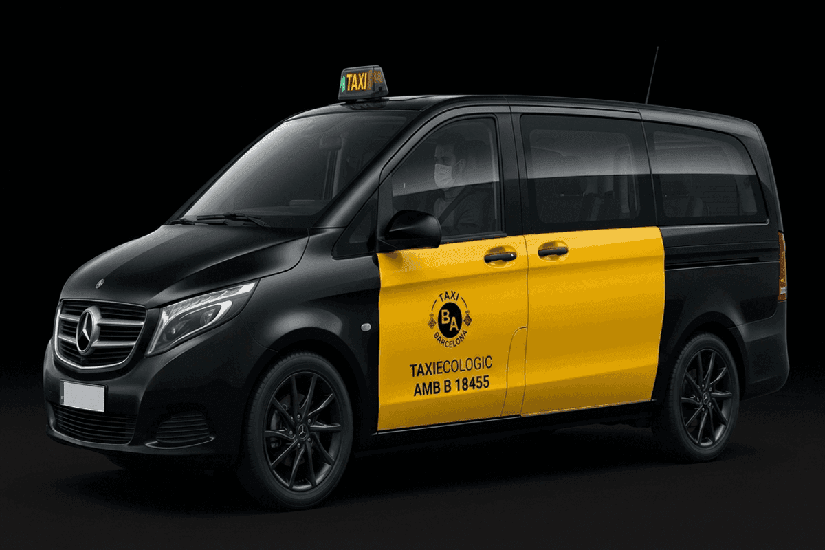 Mercedes-Benz V-Class premium van Barcelona airport taxi in black and yellow AMB livery, seats 7 passengers with 7 suitcases