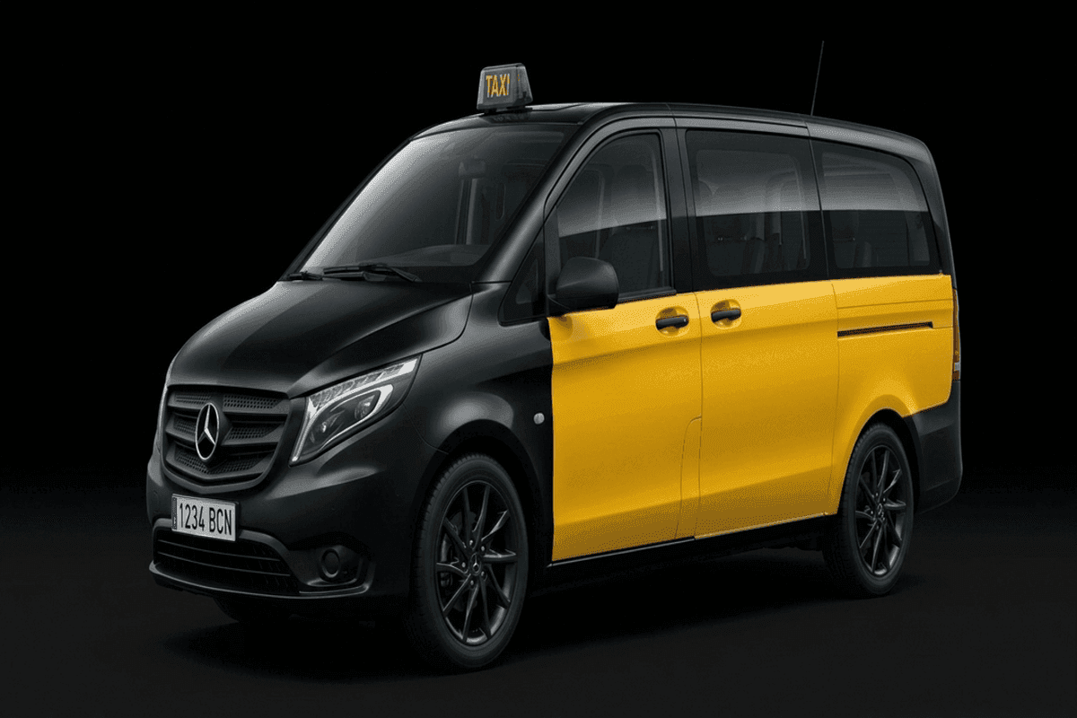 Mercedes-Benz Vito minivan Barcelona airport taxi in black and yellow AMB livery, seats 6 passengers with 6 suitcases