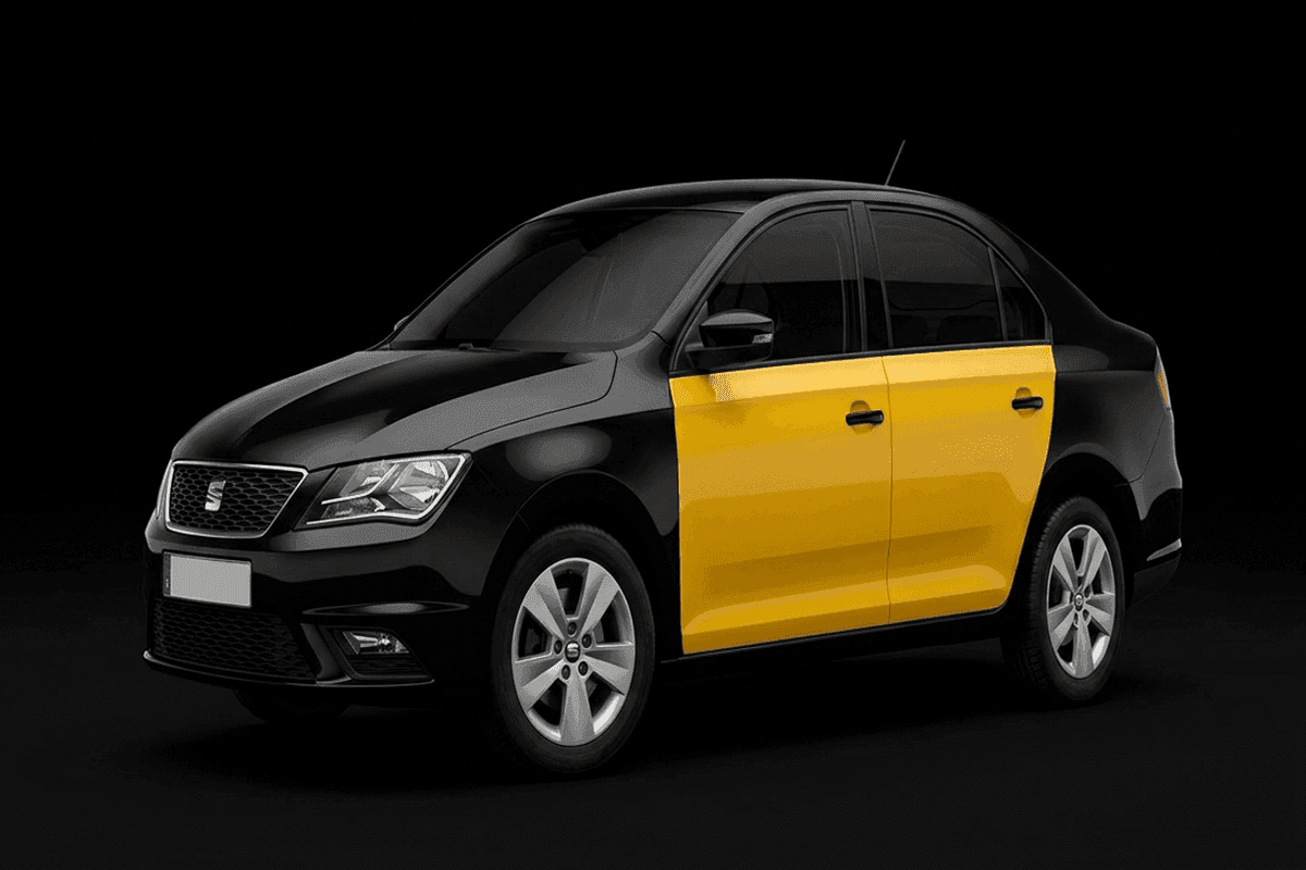 SEAT Toledo Barcelona airport taxi in official black and yellow AMB livery, seats 4 passengers with 3 suitcases