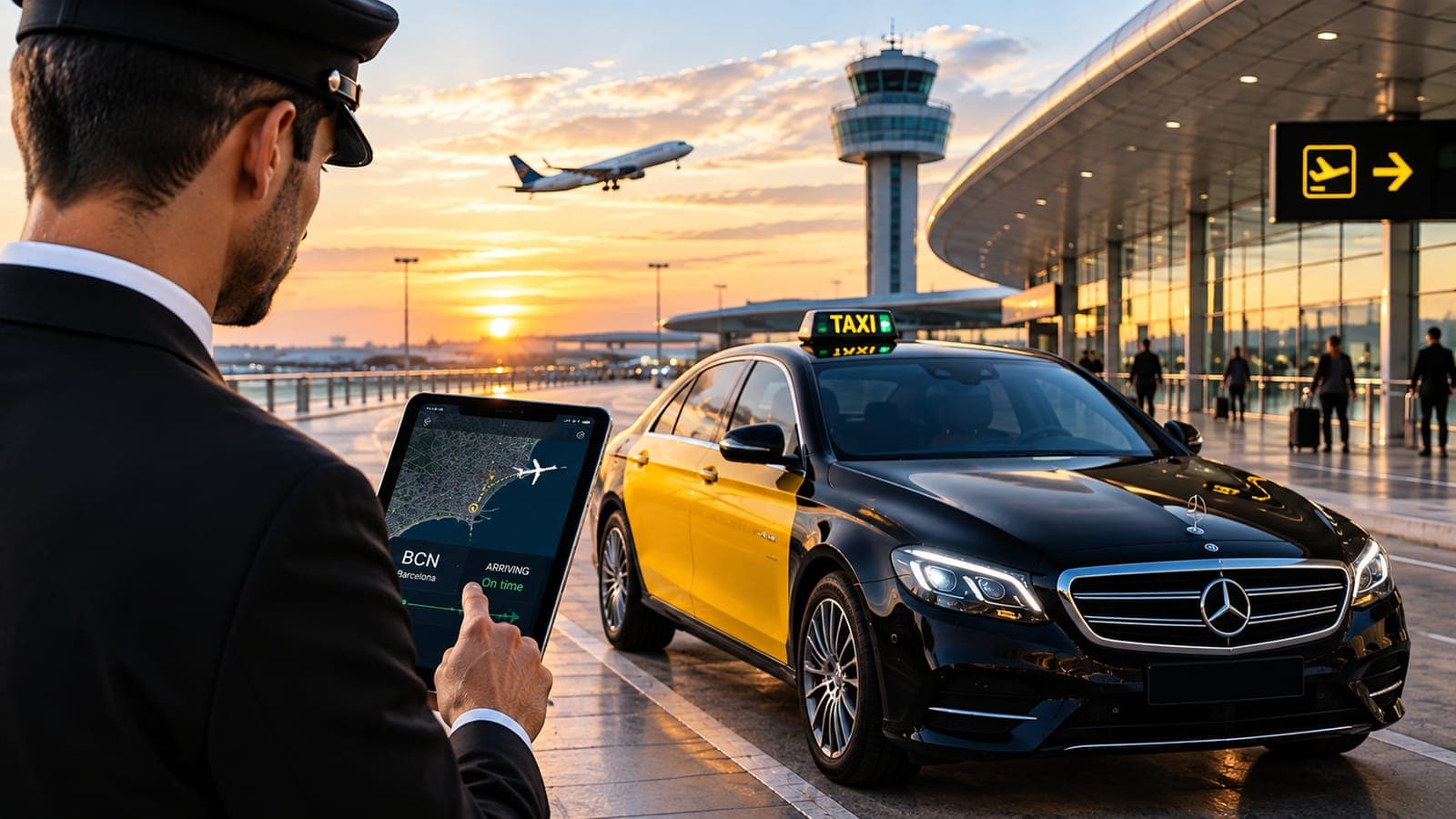 Driver at the terminal checking an arriving flight on a tablet, the plane landing behind