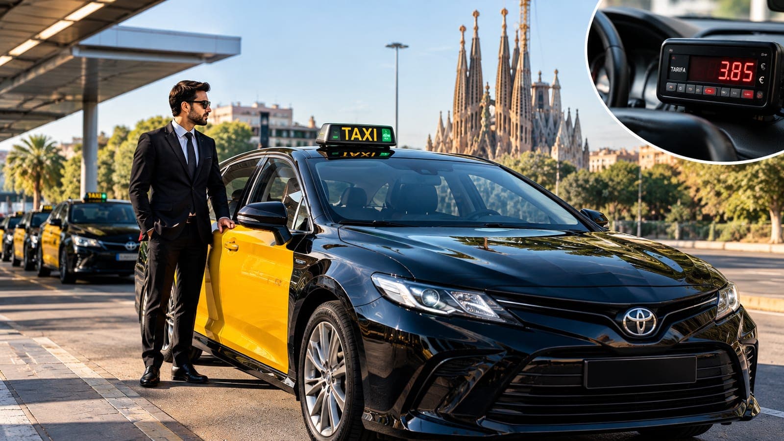 Driver beside a black-and-yellow Barcelona taxi at the airport, with the taximeter showing the official tariff