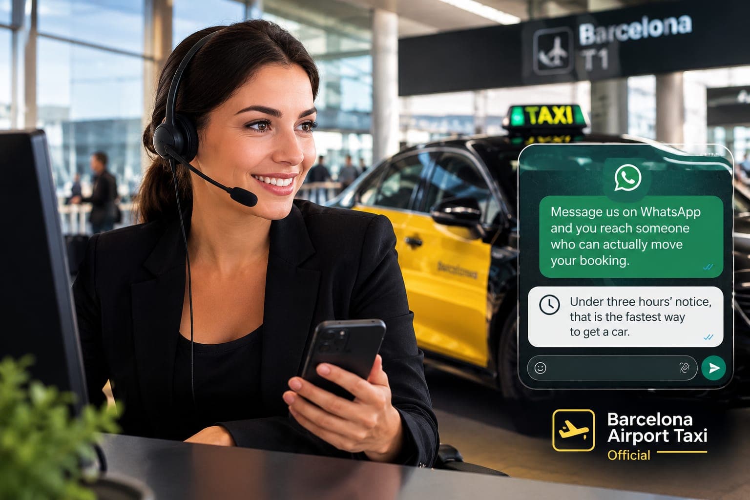 Booking desk agent on a headset answering a WhatsApp message, a taxi waiting at the terminal